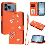 ZS01 二重層ハートフローラルヴィーガンレザー手首ストラップ付きスマホケース、iPhone 17e / 16e用、iPhone 17 Pro Max用、iPhone 17 Pro用、iPhone 17用、iPhone Air用、iPhone 16 Pro Max用