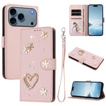 ZS01 二重層ハートフローラルヴィーガンレザー手首ストラップ付きスマホケース、iPhone 17e / 16e用、iPhone 17 Pro Max用、iPhone 17 Pro用、iPhone 17用、iPhone Air用、iPhone 16 Pro Max用