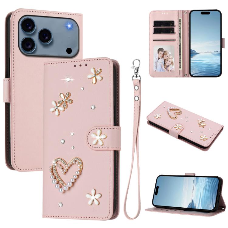 ZS01 二重層ハートフローラルヴィーガンレザー手首ストラップ付きスマホケース、iPhone 17e / 16e用、iPhone 17 Pro Max用、iPhone 17 Pro用、iPhone 17用、iPhone Air用、iPhone 16 Pro Max用
