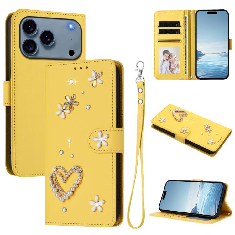 ZS01 二重層ハートフローラルヴィーガンレザー手首ストラップ付きスマホケース、iPhone 17e / 16e用、iPhone 17 Pro Max用、iPhone 17 Pro用、iPhone 17用、iPhone Air用、iPhone 16 Pro Max用
