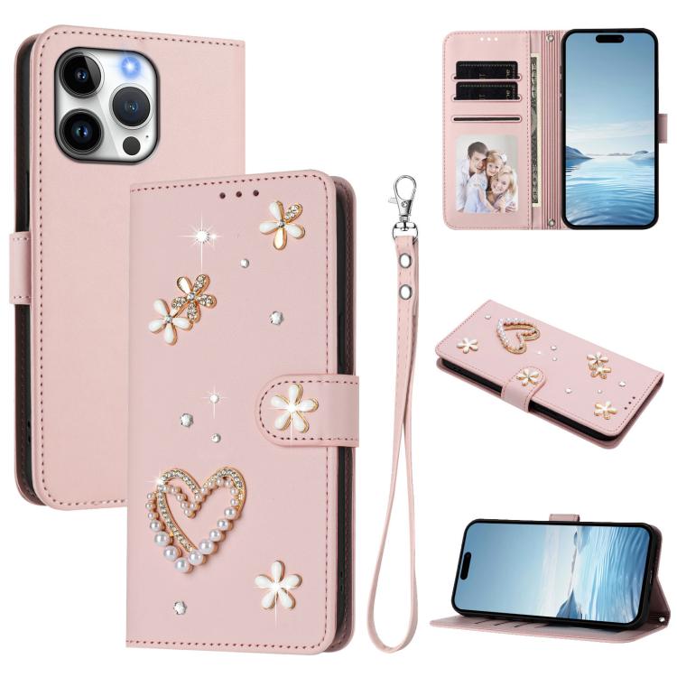 ZS01 二重層ハートフローラルヴィーガンレザー手首ストラップ付きスマホケース、iPhone 17e / 16e用、iPhone 17 Pro Max用、iPhone 17 Pro用、iPhone 17用、iPhone Air用、iPhone 16 Pro Max用