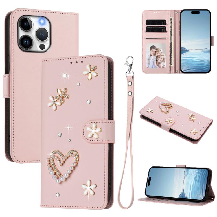 ZS01 二重層ハートフローラルヴィーガンレザー手首ストラップ付きスマホケース、iPhone 15用、iPhone 14 Plus用、iPhone 14 / 13用、iPhone 14 Pro用、iPhone 14 Pro Max用、iPhone 13 Pro Max用