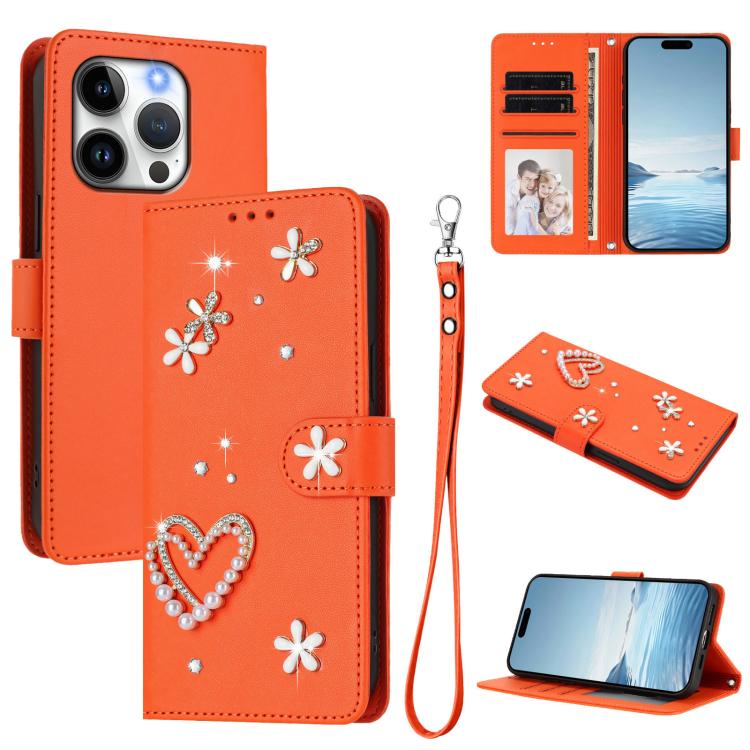 ZS01 二重層ハートフローラルヴィーガンレザー手首ストラップ付きスマホケース、iPhone 15用、iPhone 14 Plus用、iPhone 14 / 13用、iPhone 14 Pro用、iPhone 14 Pro Max用、iPhone 13 Pro Max用
