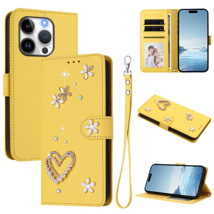 ZS01 二重層ハートフローラルヴィーガンレザー手首ストラップ付きスマホケース、iPhone 15用、iPhone 14 Plus用、iPhone 14 / 13用、iPhone 14 Pro用、iPhone 14 Pro Max用、iPhone 13 Pro Max用