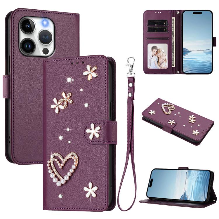 ZS01 二重層ハートフローラルヴィーガンレザー手首ストラップ付きスマホケース、iPhone 15用、iPhone 14 Plus用、iPhone 14 / 13用、iPhone 14 Pro用、iPhone 14 Pro Max用、iPhone 13 Pro Max用