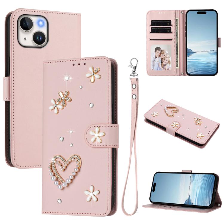 ZS01 二重層ハートフローラルヴィーガンレザー手首ストラップ付きスマホケース、iPhone 15用、iPhone 14 Plus用、iPhone 14 / 13用、iPhone 14 Pro用、iPhone 14 Pro Max用、iPhone 13 Pro Max用
