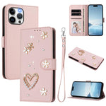 ZS01 二重層ハートフローラルヴィーガンレザー手首ストラップ付きスマホケース、iPhone 15用、iPhone 14 Plus用、iPhone 14 / 13用、iPhone 14 Pro用、iPhone 14 Pro Max用、iPhone 13 Pro Max用