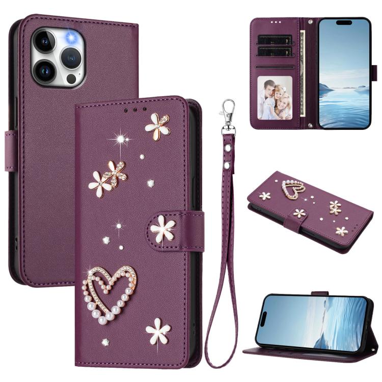 ZS01 二重層ハートフローラルヴィーガンレザー手首ストラップ付きスマホケース、iPhone 15用、iPhone 14 Plus用、iPhone 14 / 13用、iPhone 14 Pro用、iPhone 14 Pro Max用、iPhone 13 Pro Max用