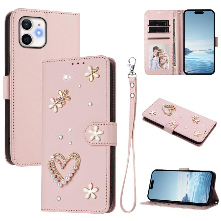 ZS01 二重層ハートフローラルヴィーガンレザー手首ストラップ付きスマホケース、iPhone 13 Pro用、iPhone 12 / 12 Pro用、iPhone 12 Pro Max用、iPhone 11 Pro Max用、iPhone 11用、iPhone 11 Pro用