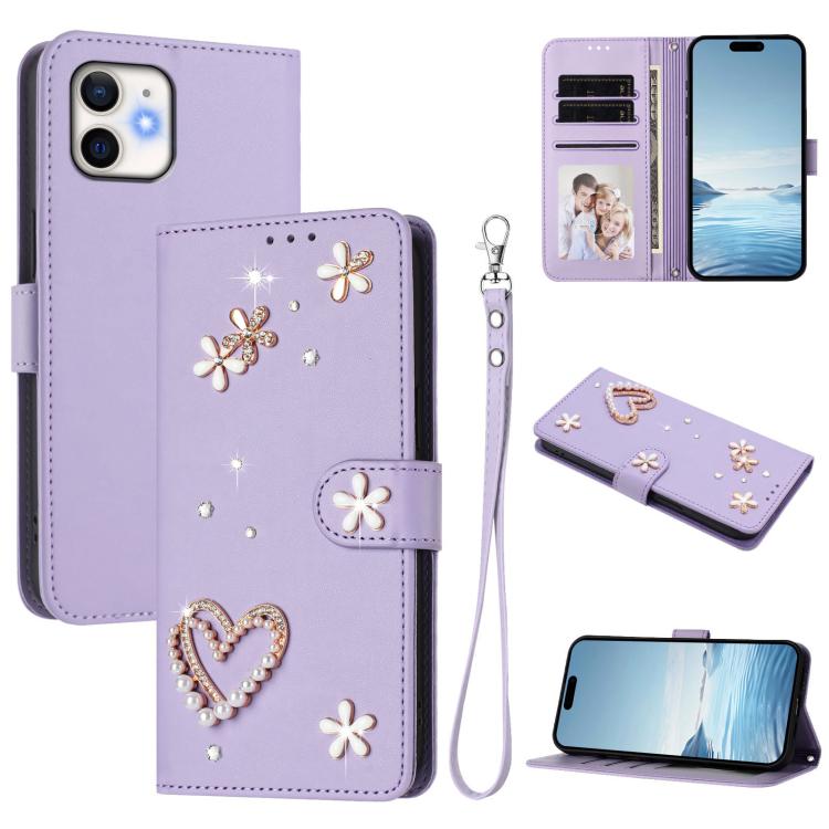 ZS01 二重層ハートフローラルヴィーガンレザー手首ストラップ付きスマホケース、iPhone 13 Pro用、iPhone 12 / 12 Pro用、iPhone 12 Pro Max用、iPhone 11 Pro Max用、iPhone 11用、iPhone 11 Pro用