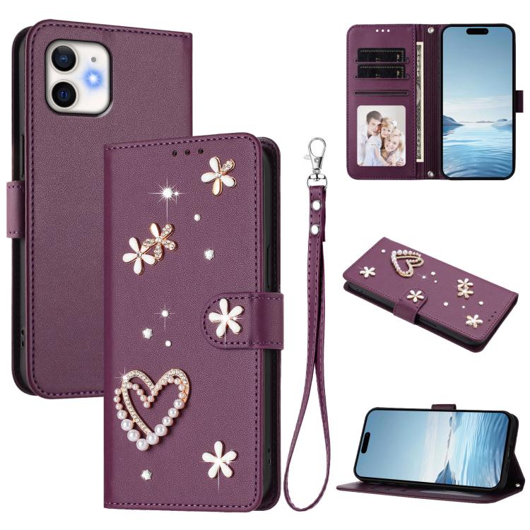 ZS01 二重層ハートフローラルヴィーガンレザー手首ストラップ付きスマホケース、iPhone 13 Pro用、iPhone 12 / 12 Pro用、iPhone 12 Pro Max用、iPhone 11 Pro Max用、iPhone 11用、iPhone 11 Pro用