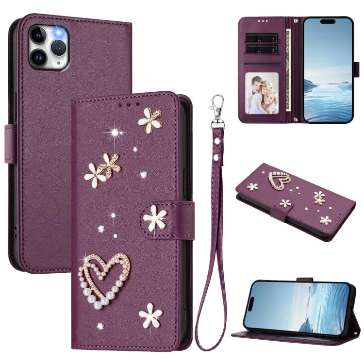 ZS01 二重層ハートフローラルヴィーガンレザー手首ストラップ付きスマホケース、iPhone 13 Pro用、iPhone 12 / 12 Pro用、iPhone 12 Pro Max用、iPhone 11 Pro Max用、iPhone 11用、iPhone 11 Pro用