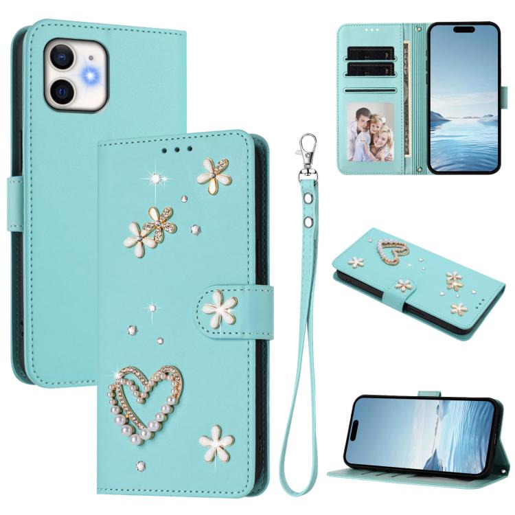 ZS01 二重層ハートフローラルヴィーガンレザー手首ストラップ付きスマホケース、iPhone 13 Pro用、iPhone 12 / 12 Pro用、iPhone 12 Pro Max用、iPhone 11 Pro Max用、iPhone 11用、iPhone 11 Pro用