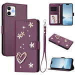 ZS01 二重層ハートフローラルヴィーガンレザー手首ストラップ付きスマホケース、iPhone 13 Pro用、iPhone 12 / 12 Pro用、iPhone 12 Pro Max用、iPhone 11 Pro Max用、iPhone 11用、iPhone 11 Pro用