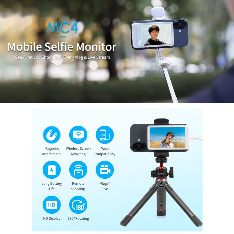 FEELWORLD MC4 Vlogライブ配信用自撮りスクリーンモニター 磁気背面 ワイヤレス接続 リモコン付き