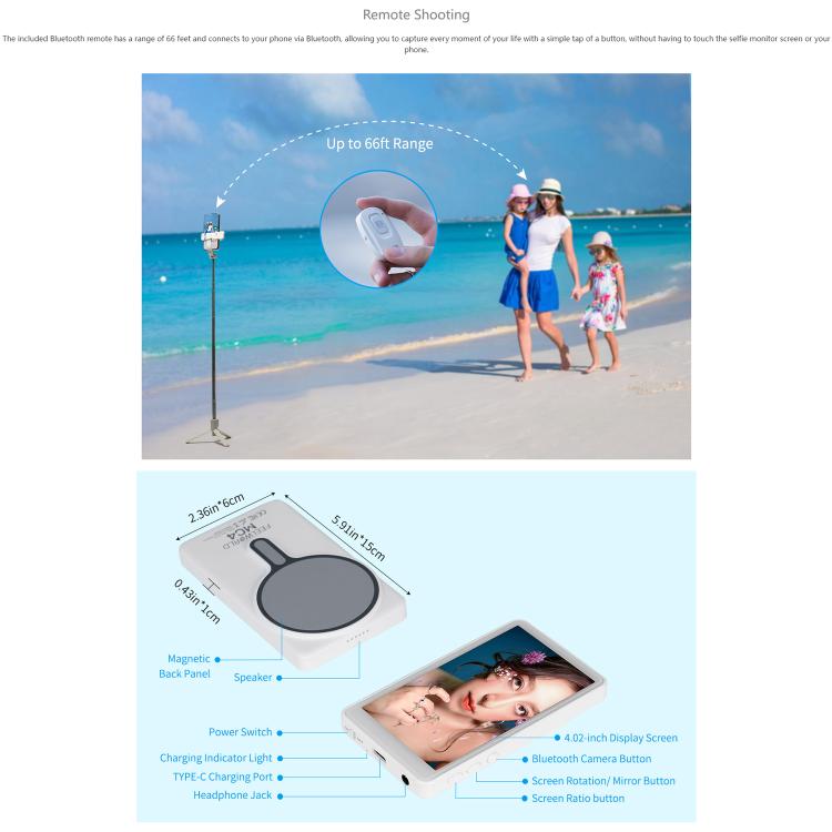 FEELWORLD MC4 Vlogライブ配信用自撮りスクリーンモニター 磁気背面 ワイヤレス接続 リモコン付き