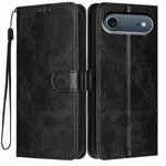 ひまわり型押しヴィーガンレザー小さな黒い紐付きスマホケース、iPhone 16e / 17e用、iPhone 17 Pro Max用、iPhone 17 Pro用、iPhone 17用、iPhone Air用、iPhone 16 Pro Max用、iPhone 16 Pro用、iPhone 16 Plus用