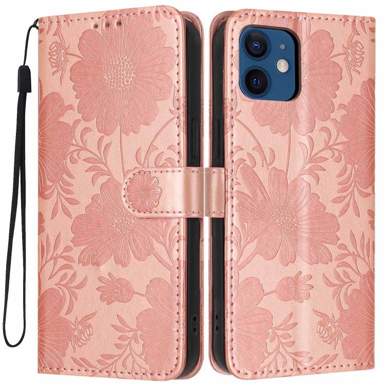 ひまわり型エンボス加工ヴィーガンレザーのスマホケース 小さな黒いロープ付き、iPhone 14 Pro Max用、iPhone 13 Pro Max用、iPhone 13 Pro用、iPhone 13用、iPhone 12 / 12 Pro用、iPhone 12 Pro Max用、iPhone 11 Pro Max用、iPhone 11用