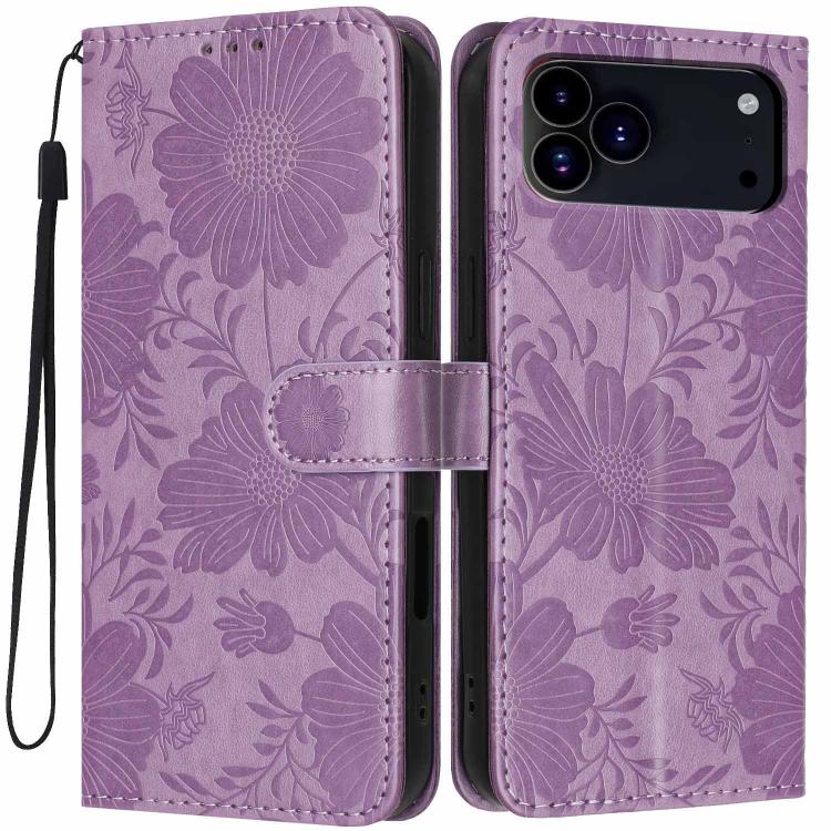 ひまわり型押しヴィーガンレザー小さな黒い紐付きスマホケース、iPhone 16e / 17e用、iPhone 17 Pro Max用、iPhone 17 Pro用、iPhone 17用、iPhone Air用、iPhone 16 Pro Max用、iPhone 16 Pro用、iPhone 16 Plus用