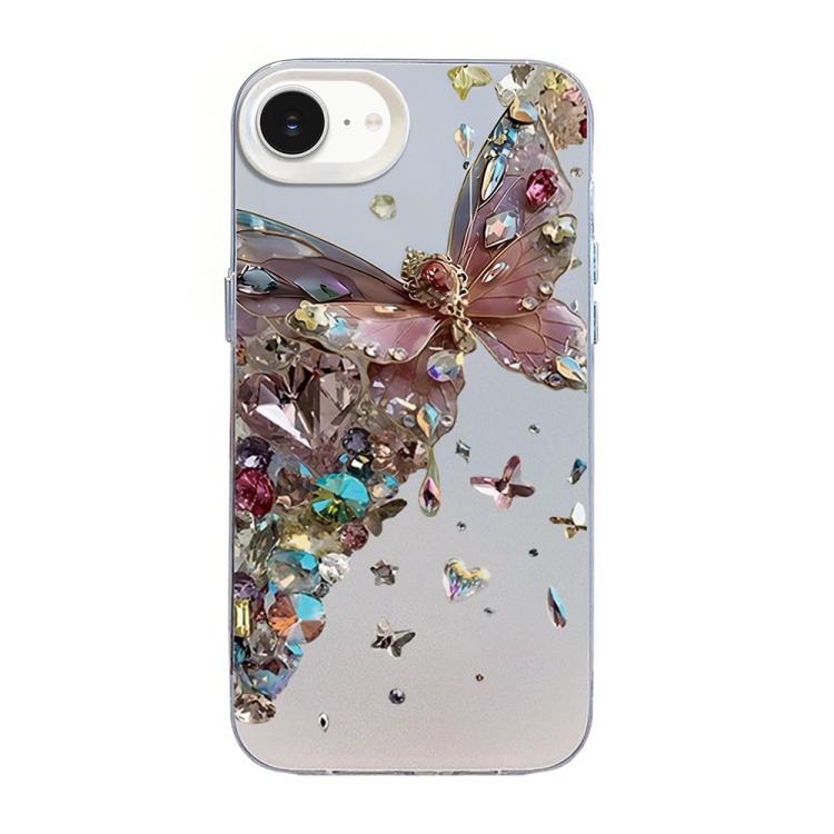 蝶柄シルバーメッキPCハイブリッドTPUスマホケース、iPhone 17e / 16e用、iPhone 17 Pro Max用、iPhone 17 Pro用、iPhone 17用、iPhone Air用、iPhone 16 Pro Max用