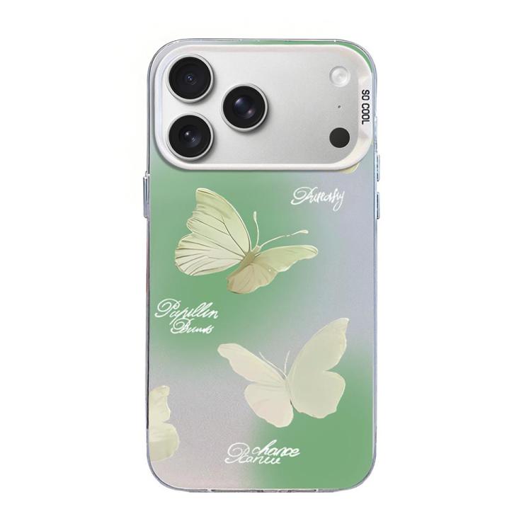 蝶柄シルバーメッキPCハイブリッドTPUスマホケース、iPhone 17e / 16e用、iPhone 17 Pro Max用、iPhone 17 Pro用、iPhone 17用、iPhone Air用、iPhone 16 Pro Max用