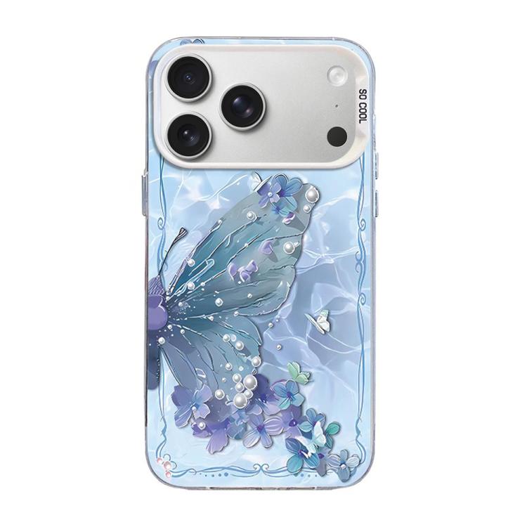 蝶柄シルバーメッキPCハイブリッドTPUスマホケース、iPhone 17e / 16e用、iPhone 17 Pro Max用、iPhone 17 Pro用、iPhone 17用、iPhone Air用、iPhone 16 Pro Max用