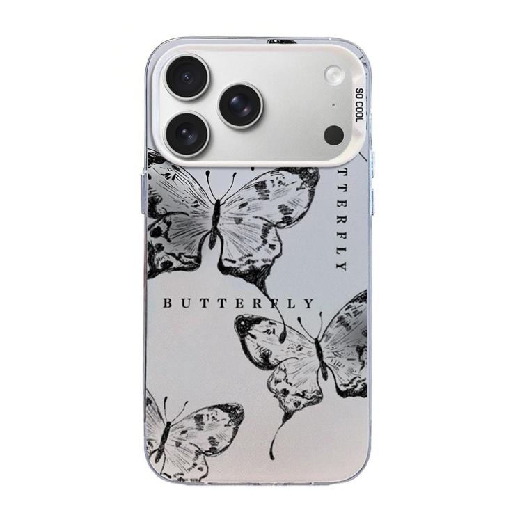 蝶柄シルバーメッキPCハイブリッドTPUスマホケース、iPhone 17e / 16e用、iPhone 17 Pro Max用、iPhone 17 Pro用、iPhone 17用、iPhone Air用、iPhone 16 Pro Max用