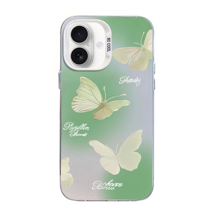 蝶柄シルバーメッキPCハイブリッドTPUスマホケース、iPhone 17e / 16e用、iPhone 17 Pro Max用、iPhone 17 Pro用、iPhone 17用、iPhone Air用、iPhone 16 Pro Max用