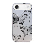 蝶柄シルバーメッキPCハイブリッドTPUスマホケース、iPhone 17e / 16e用、iPhone 17 Pro Max用、iPhone 17 Pro用、iPhone 17用、iPhone Air用、iPhone 16 Pro Max用