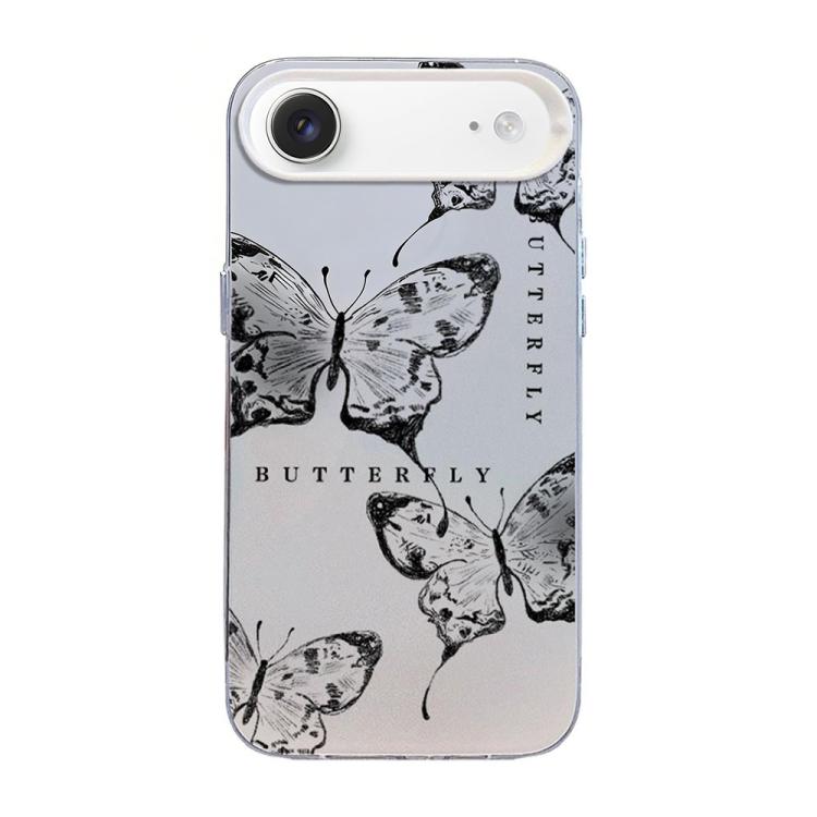 蝶柄シルバーメッキPCハイブリッドTPUスマホケース、iPhone 17e / 16e用、iPhone 17 Pro Max用、iPhone 17 Pro用、iPhone 17用、iPhone Air用、iPhone 16 Pro Max用