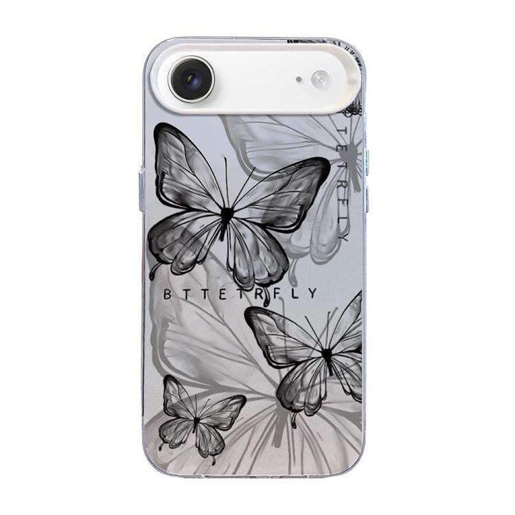 蝶柄シルバーメッキPCハイブリッドTPUスマホケース、iPhone 17e / 16e用、iPhone 17 Pro Max用、iPhone 17 Pro用、iPhone 17用、iPhone Air用、iPhone 16 Pro Max用