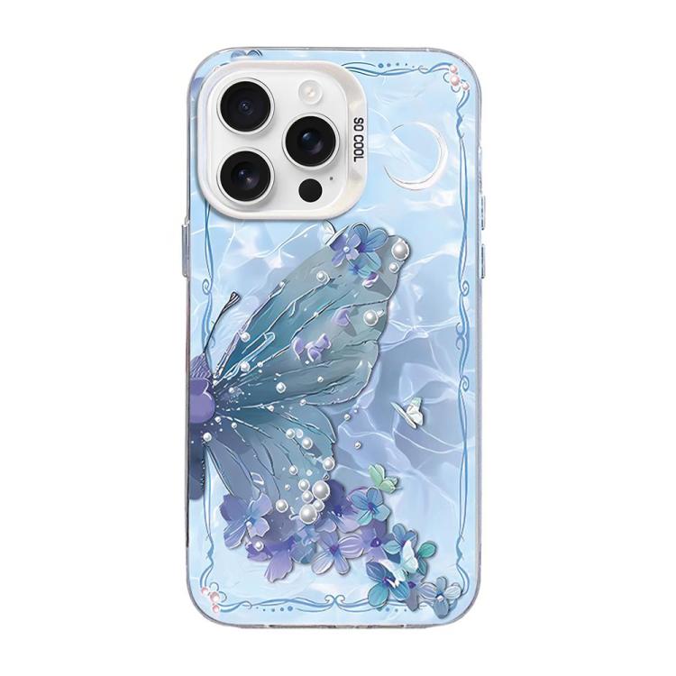 蝶柄シルバーメッキPCハイブリッドTPUスマホケース、iPhone 17e / 16e用、iPhone 17 Pro Max用、iPhone 17 Pro用、iPhone 17用、iPhone Air用、iPhone 16 Pro Max用