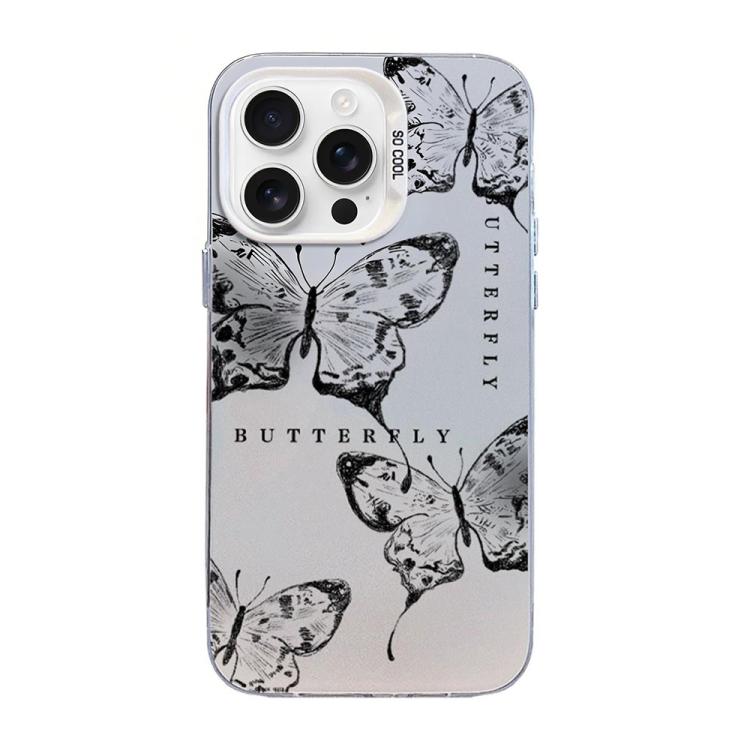 蝶柄シルバーメッキPCハイブリッドTPUスマホケース、iPhone 17e / 16e用、iPhone 17 Pro Max用、iPhone 17 Pro用、iPhone 17用、iPhone Air用、iPhone 16 Pro Max用