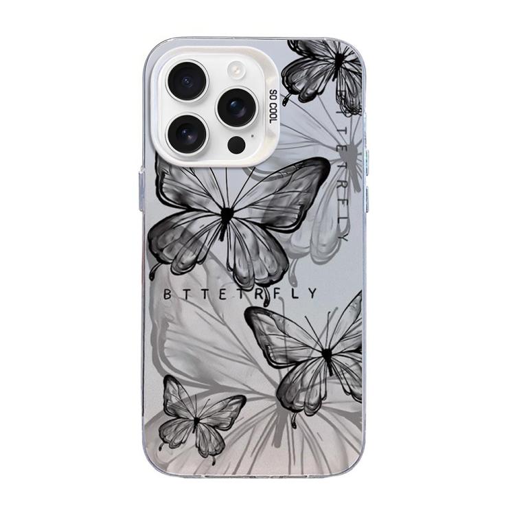 蝶柄シルバーメッキPCハイブリッドTPUスマホケース、iPhone 17e / 16e用、iPhone 17 Pro Max用、iPhone 17 Pro用、iPhone 17用、iPhone Air用、iPhone 16 Pro Max用
