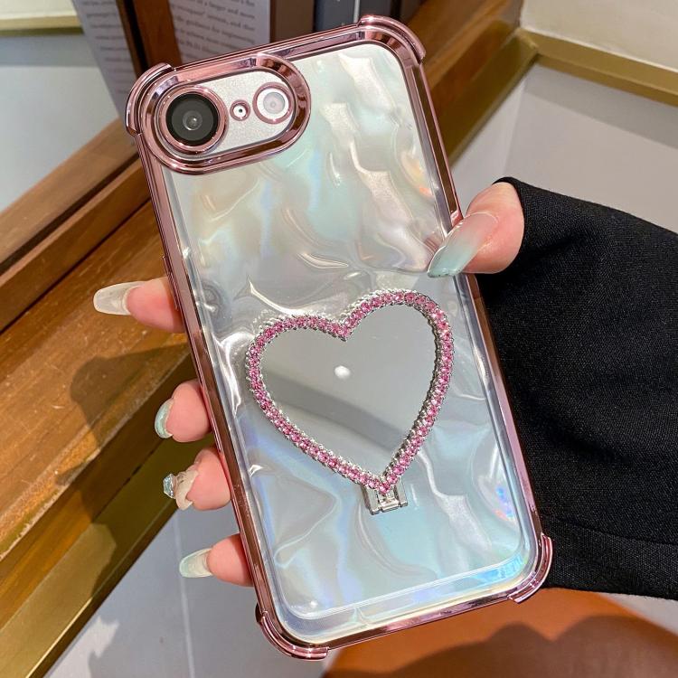 Heart-shaped Mirror Electroplated TPU + Acrylic Phone Case with Holder, For iPhone 16e / 17e, For iPhone 17 Pro Max, For iPhone 17 Pro, For iPhone 17, For iPhone Air, For iPhone 16 Pro Max, For iPhone 16 Pro, For iPhone 16 Plus, For iPhone 16