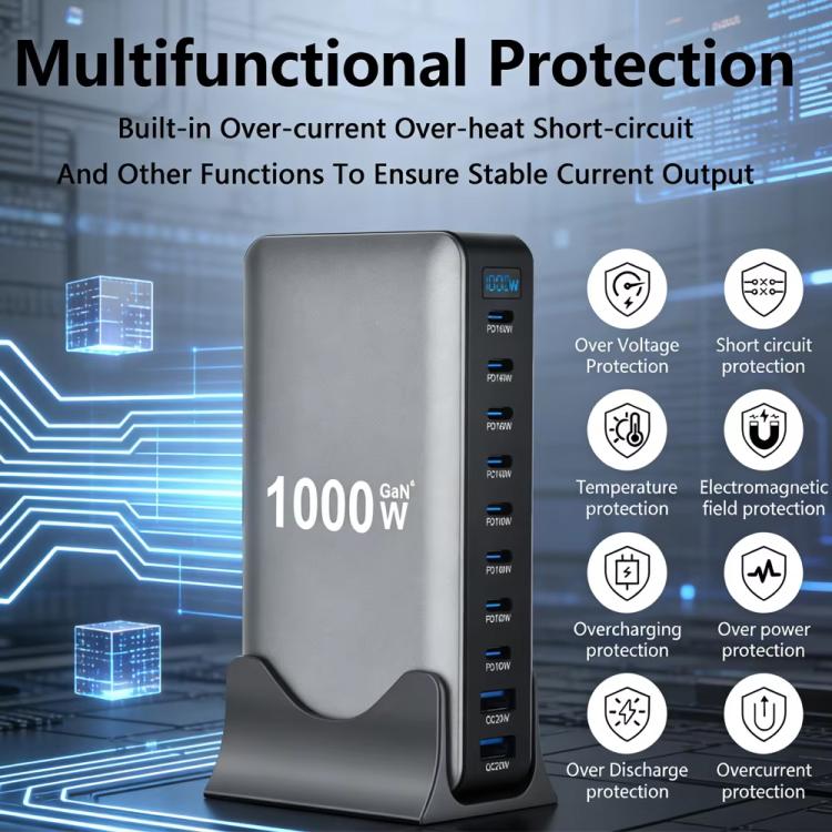 YMX-1000W 1000W 8ポートType-Cと2ポートUSB 10ポートデジタル表示多機能充電器、AUプラグ、EUプラグ、UKプラグ、USプラグ