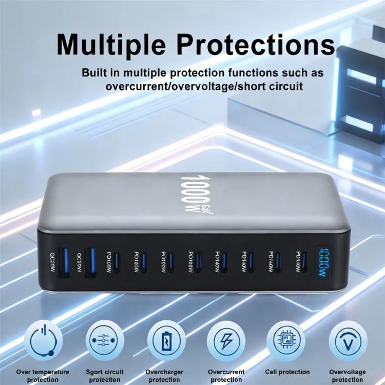 YMX-1000W 1000W 8ポートType-Cと2ポートUSB 10ポートデジタル表示多機能充電器、AUプラグ、EUプラグ、UKプラグ、USプラグ