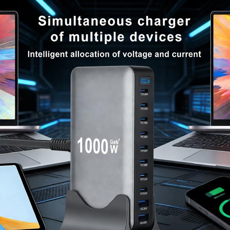 YMX-1000W 1000W 8ポートType-Cと2ポートUSB 10ポートデジタル表示多機能充電器、AUプラグ、EUプラグ、UKプラグ、USプラグ