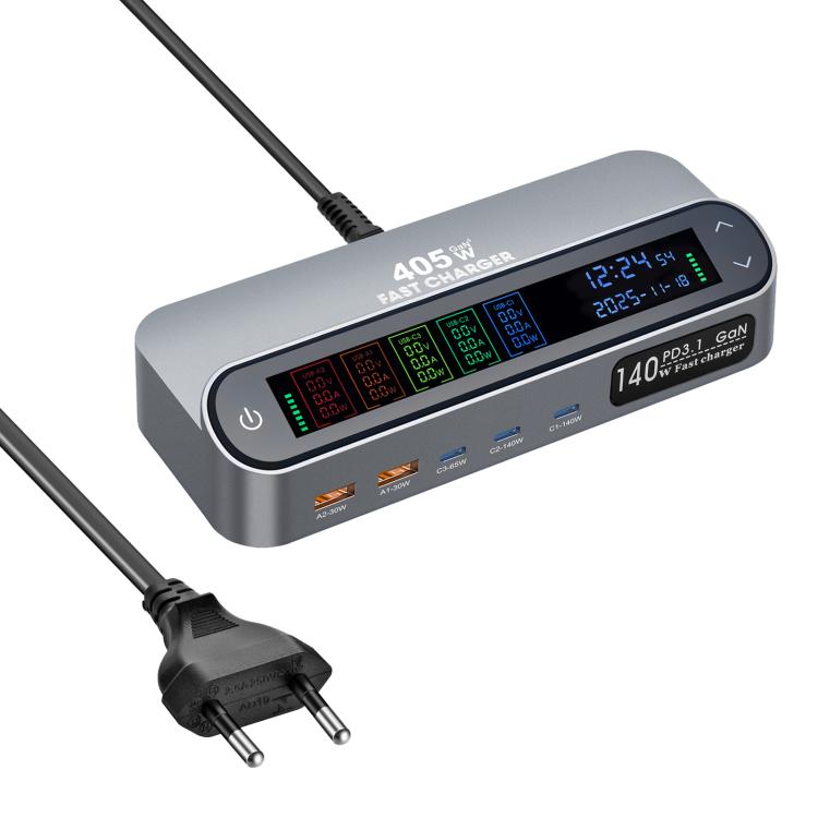 YMX-LCD405W 405W 3xType-C and 2xUSB GaN Smart Digital Display Multi-Function Charger, AU Plug, EU Plug, UK Plug, US Plug