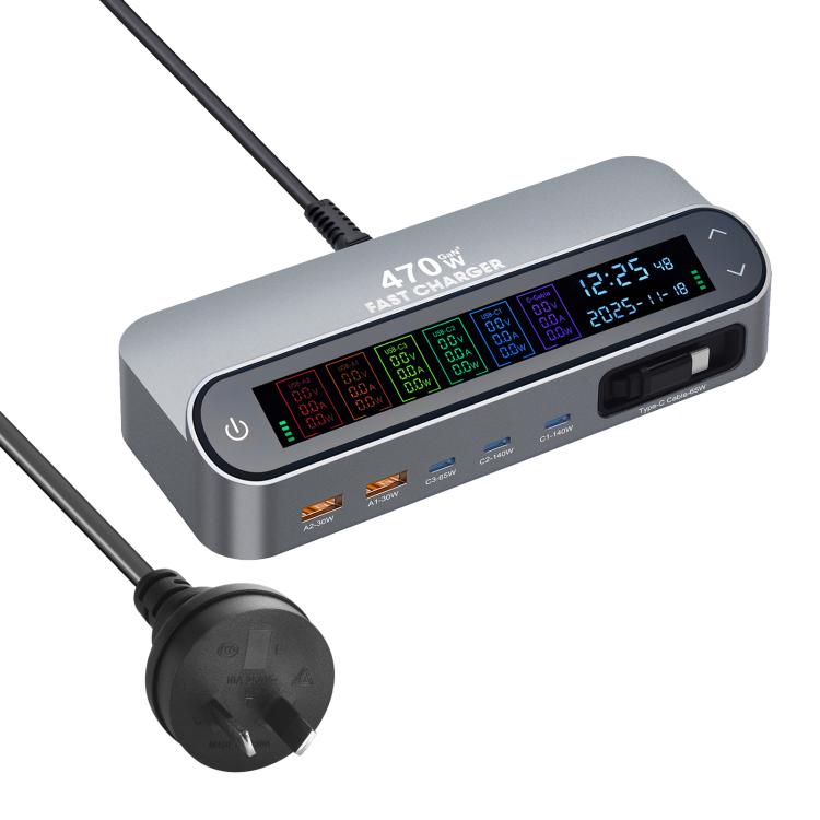 YMX-LCD470W 470W 3xType-Cと2xUSB GaNスマートデジタル表示多機能充電器、Type-C巻き取りケーブル付き、AUプラグ、EUプラグ、UKプラグ、USプラグ