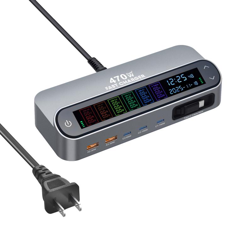 YMX-LCD470W 470W 3xType-Cと2xUSB GaNスマートデジタル表示多機能充電器、Type-C巻き取りケーブル付き、AUプラグ、EUプラグ、UKプラグ、USプラグ