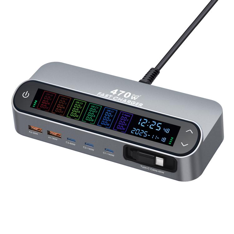 YMX-LCD470W 470W 3xType-Cと2xUSB GaNスマートデジタル表示多機能充電器、Type-C巻き取りケーブル付き、AUプラグ、EUプラグ、UKプラグ、USプラグ