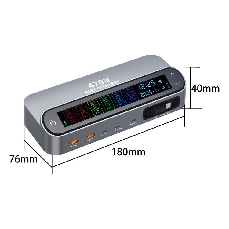 YMX-LCD470W 470W 3xType-Cと2xUSB GaNスマートデジタル表示多機能充電器、Type-C巻き取りケーブル付き、AUプラグ、EUプラグ、UKプラグ、USプラグ