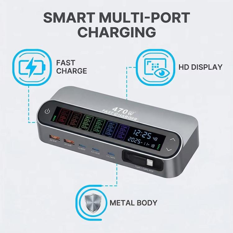 YMX-LCD470W 470W 3xType-Cと2xUSB GaNスマートデジタル表示多機能充電器、Type-C巻き取りケーブル付き、AUプラグ、EUプラグ、UKプラグ、USプラグ