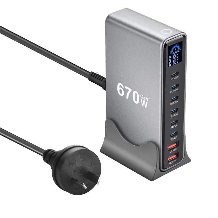 YMX-LCD670W 670W 6xType-Cと2xUSB GaNデジタル表示多機能充電器、AUプラグ、EUプラグ、UKプラグ、USプラグ