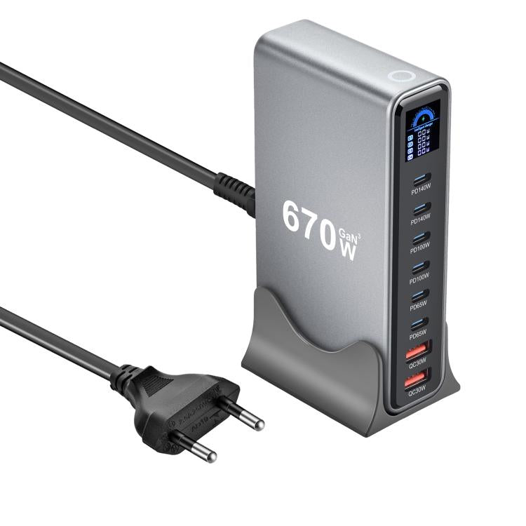 YMX-LCD670W 670W 6xType-Cと2xUSB GaNデジタル表示多機能充電器、AUプラグ、EUプラグ、UKプラグ、USプラグ