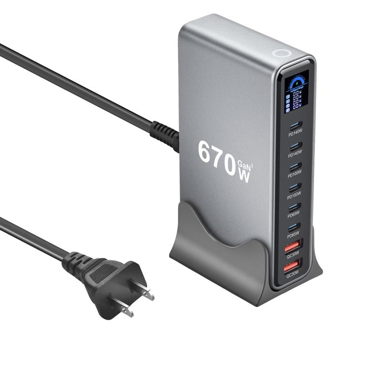YMX-LCD670W 670W 6xType-Cと2xUSB GaNデジタル表示多機能充電器、AUプラグ、EUプラグ、UKプラグ、USプラグ