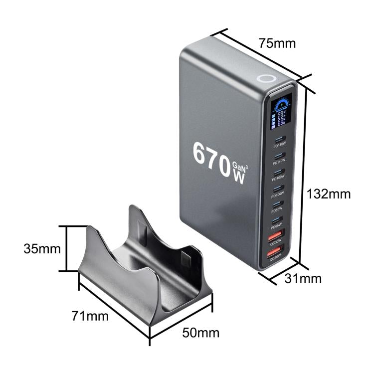 YMX-LCD670W 670W 6xType-Cと2xUSB GaNデジタル表示多機能充電器、AUプラグ、EUプラグ、UKプラグ、USプラグ