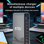 YMX-LCD670W 670W 6xType-Cと2xUSB GaNデジタル表示多機能充電器、AUプラグ、EUプラグ、UKプラグ、USプラグ