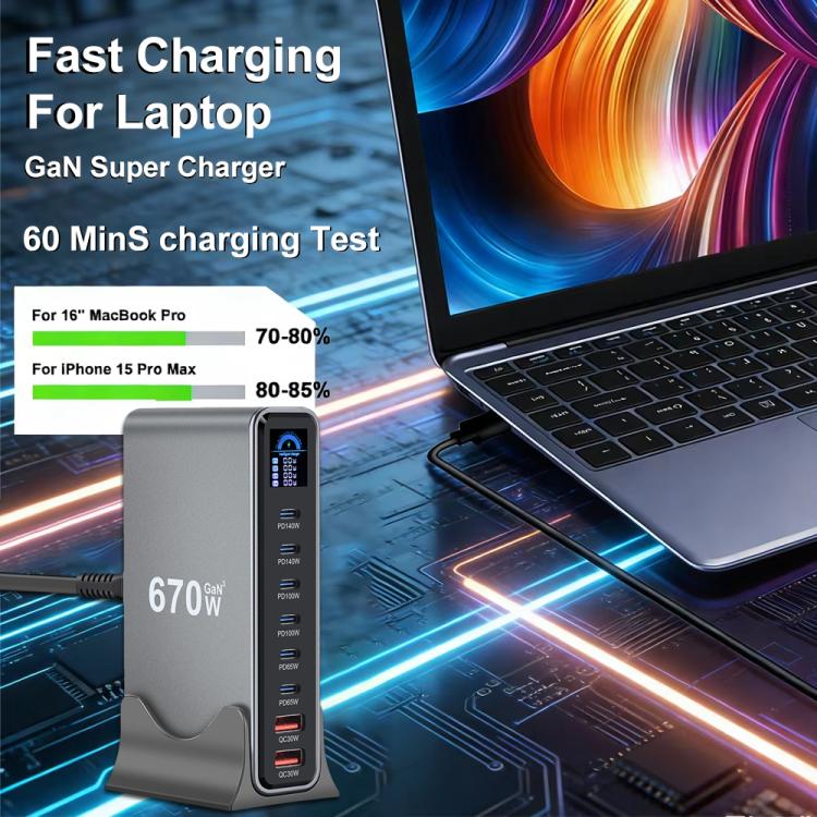 YMX-LCD670W 670W 6xType-Cと2xUSB GaNデジタル表示多機能充電器、AUプラグ、EUプラグ、UKプラグ、USプラグ